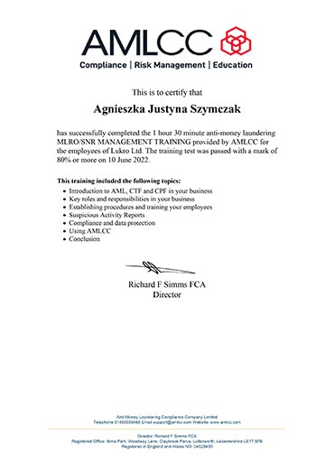 AMLCC MLRO Certificate 2022